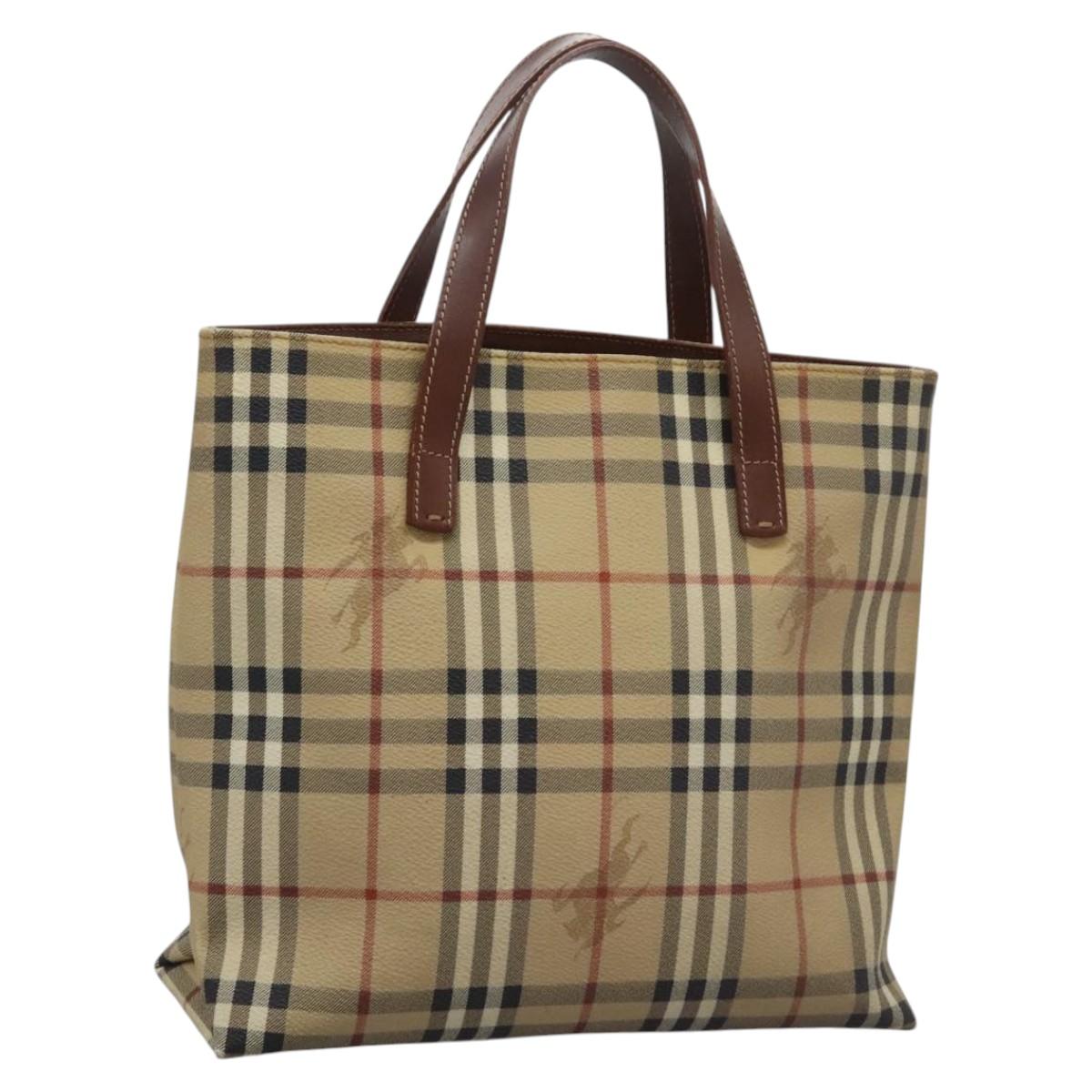 BURBERRY Nova Check Hand Bag PVC Beige Brown gold Auth BD438