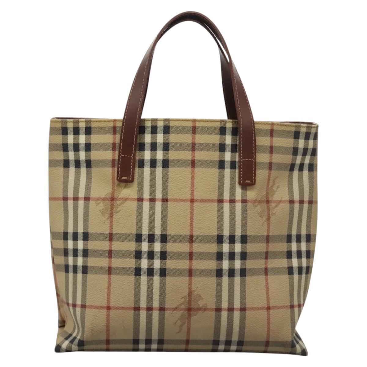 BURBERRY Nova Check Hand Bag PVC Beige Brown gold Auth BD438