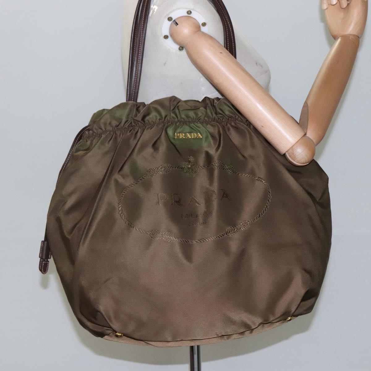 PRADA Tote Bag Nylon Khaki Gold Auth BD489