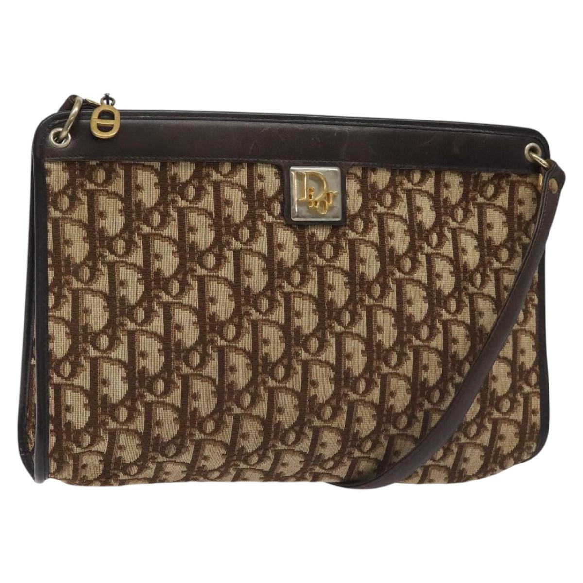 Christian Dior Trotter Canvas Shoulder Bag Brown Gold Auth BD543