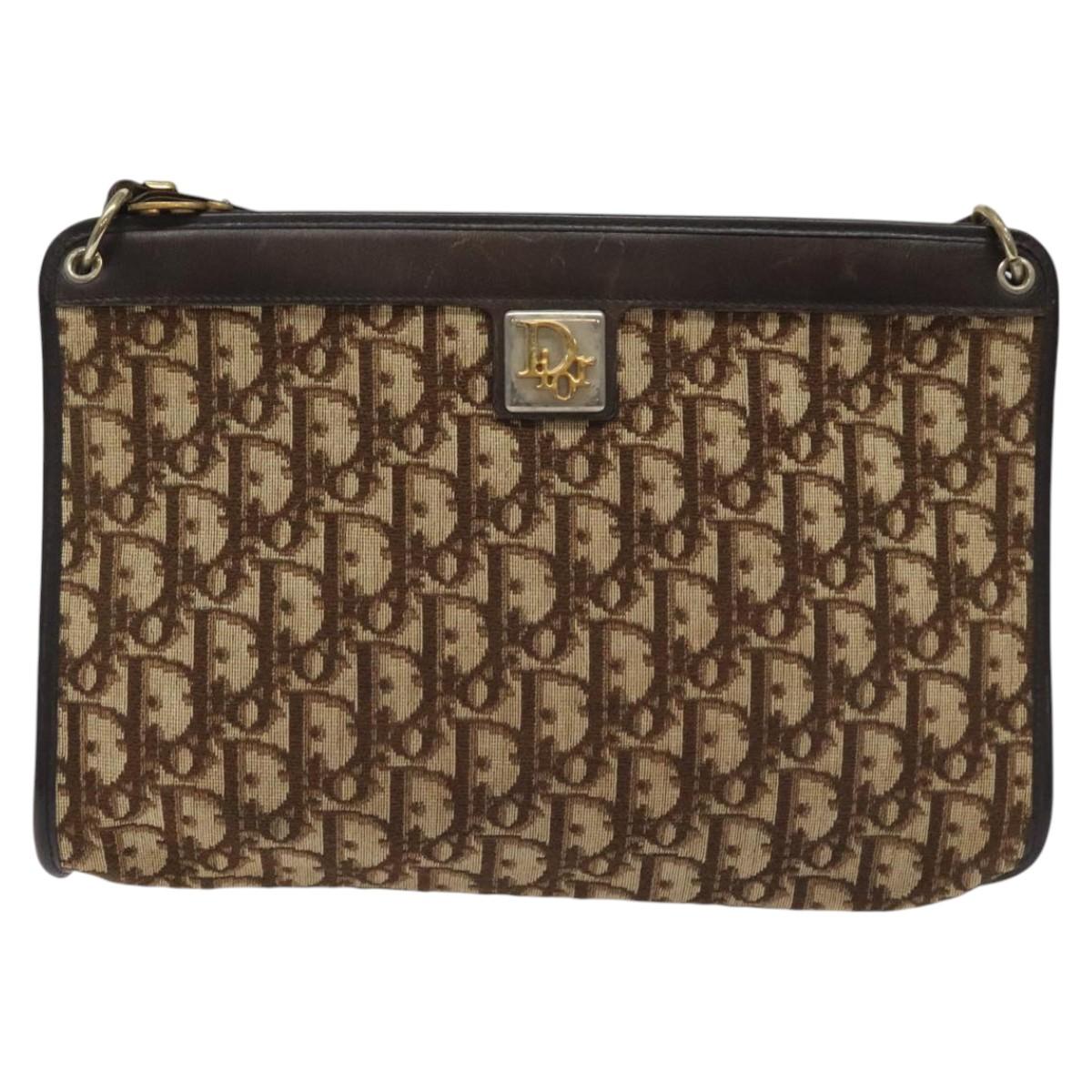 Christian Dior Trotter Canvas Shoulder Bag Brown Gold Auth BD543