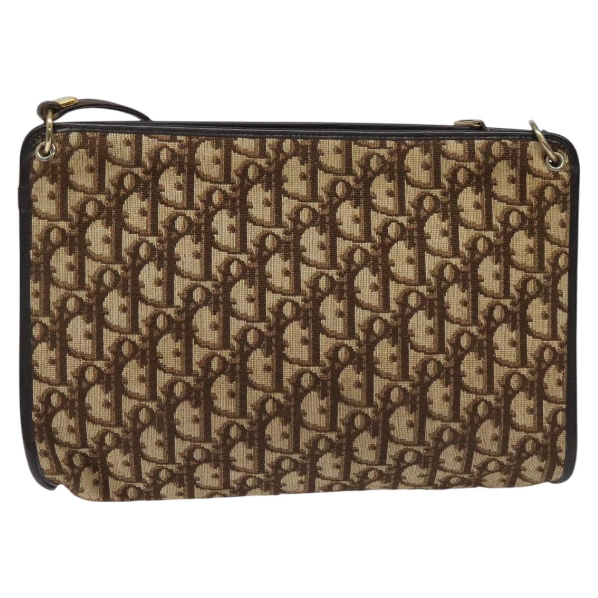 Christian Dior Trotter Canvas Shoulder Bag Brown Gold Auth BD543