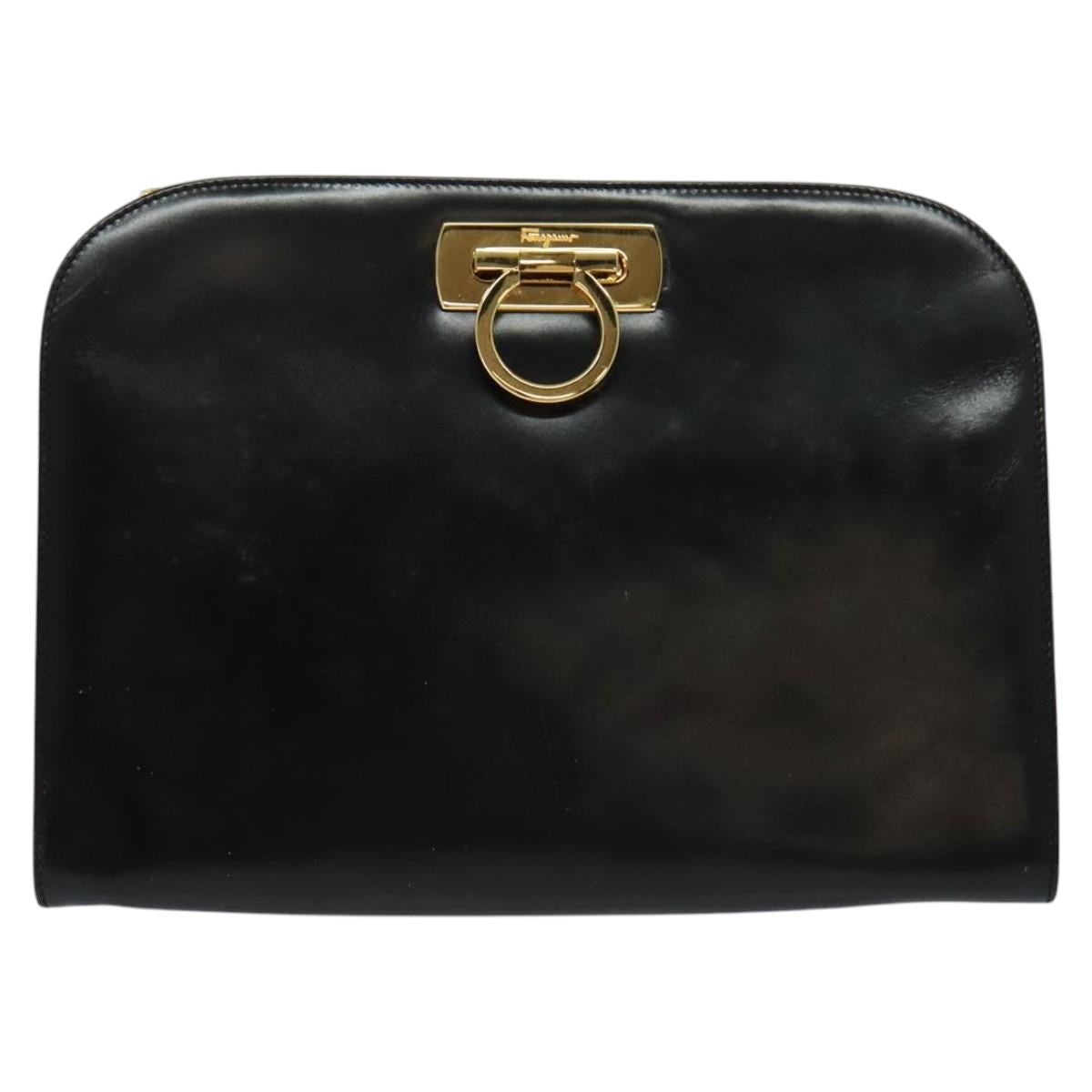 Salvatore Ferragamo Gancini Chain Shoulder Bag Leather Black Gold Auth BD726