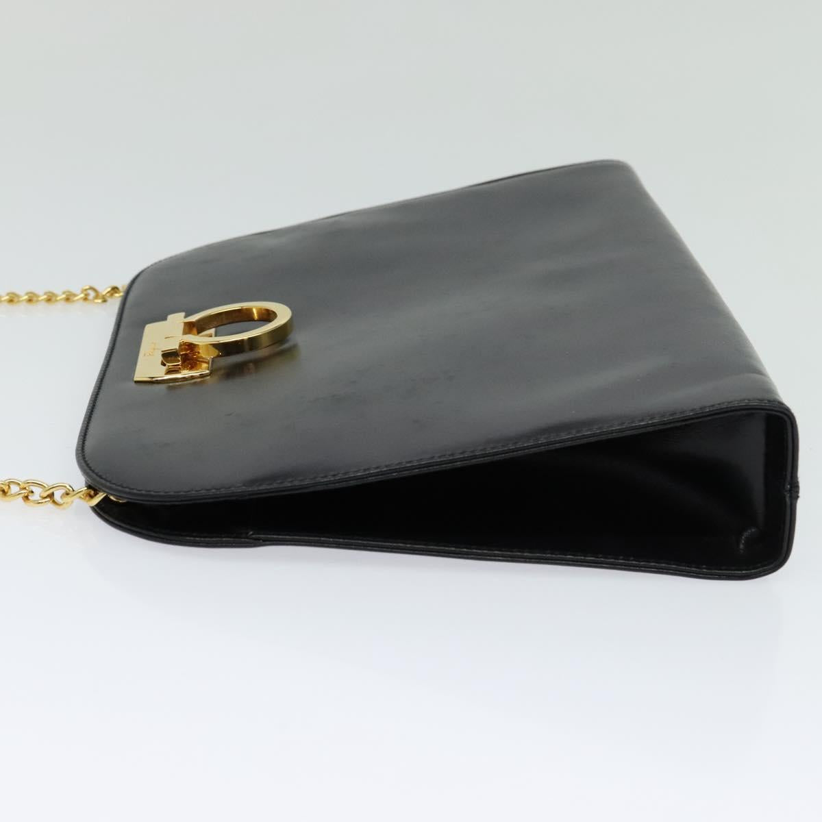 Salvatore Ferragamo Gancini Chain Shoulder Bag Leather Black Gold Auth BD726