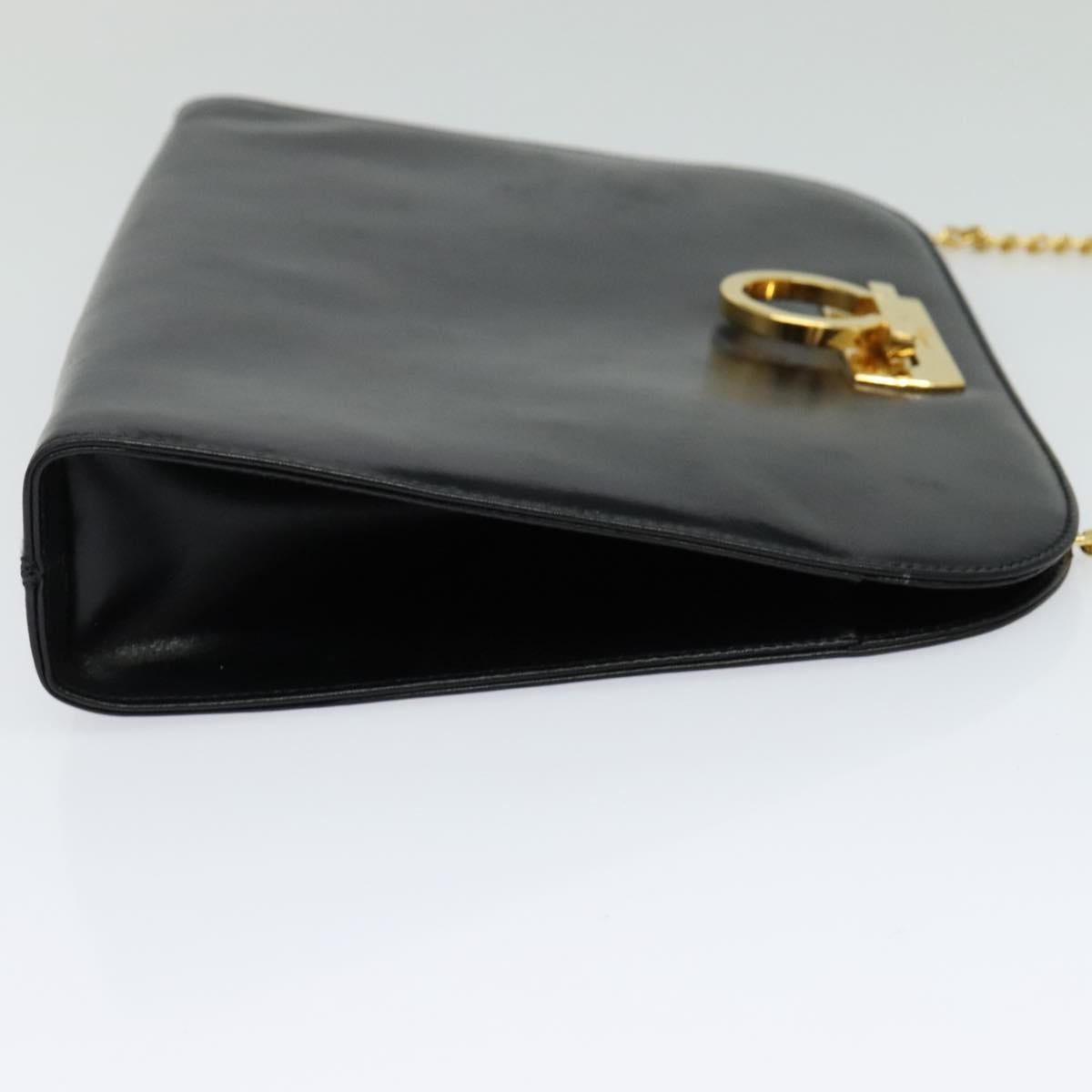 Salvatore Ferragamo Gancini Chain Shoulder Bag Leather Black Gold Auth BD726