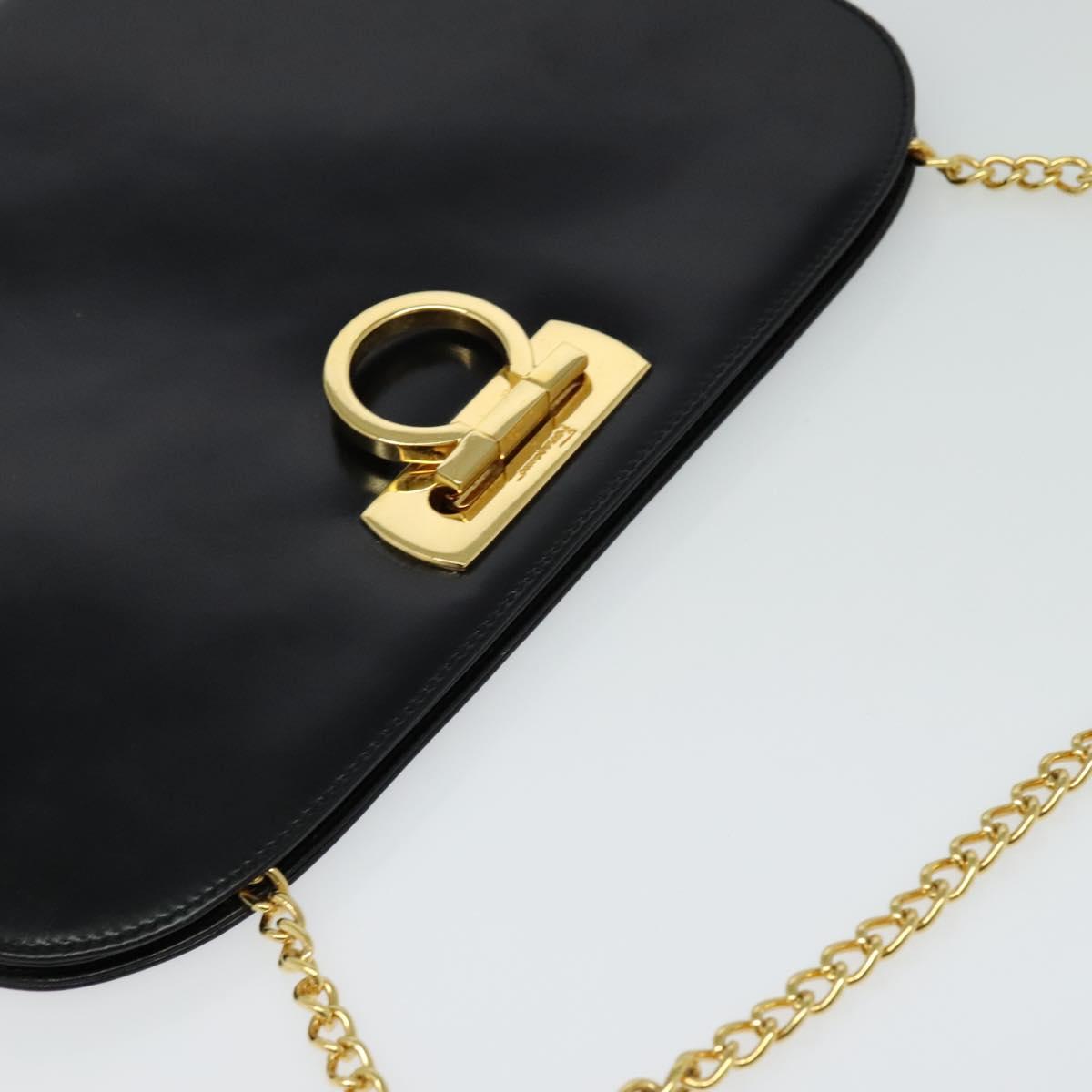 Salvatore Ferragamo Gancini Chain Shoulder Bag Leather Black Gold Auth BD726