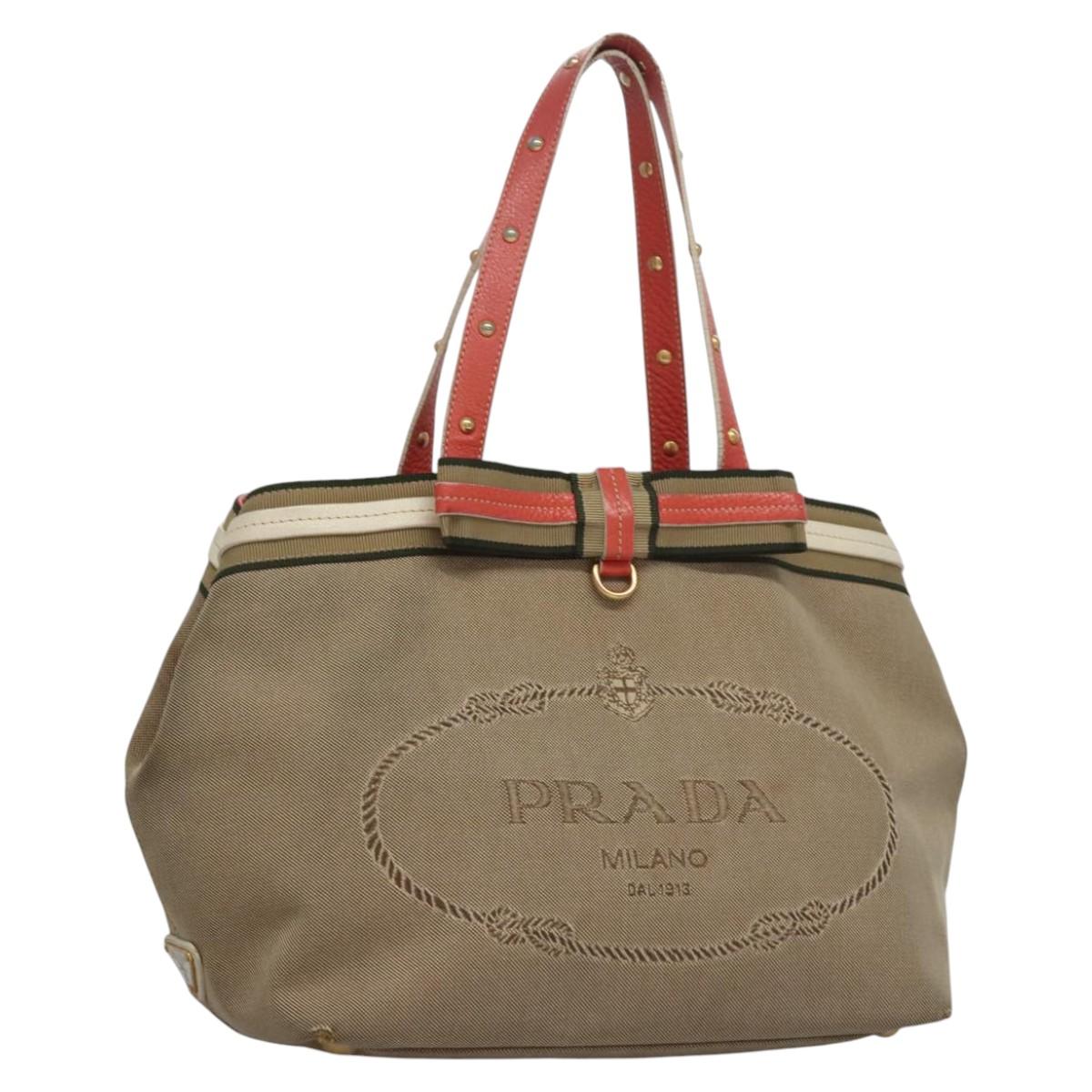 PRADA Tote Bag Canvas Beige Auth BD737