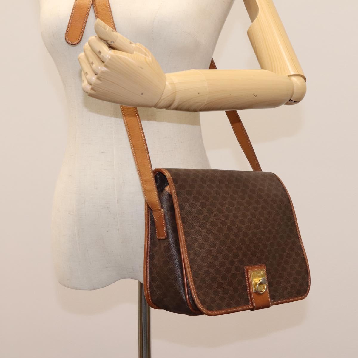 CELINE Macadam Canvas Shoulder Bag PVC Leather Brown Gold Auth BD871