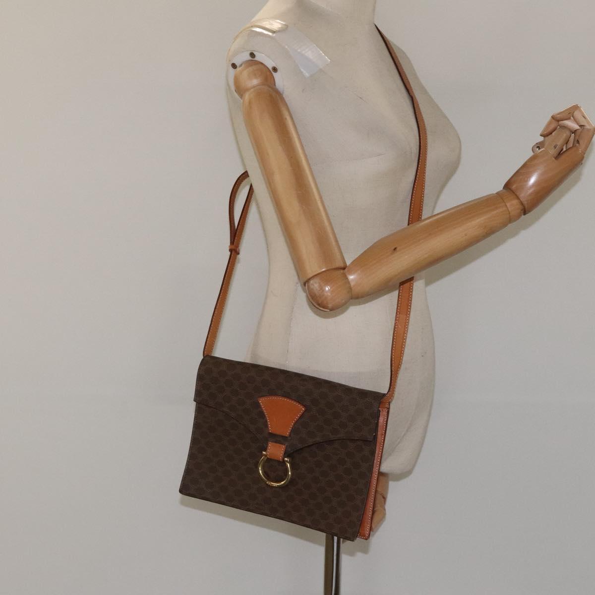 CELINE Macadam Canvas Shoulder Bag PVC Leather Brown Gold Auth BD908