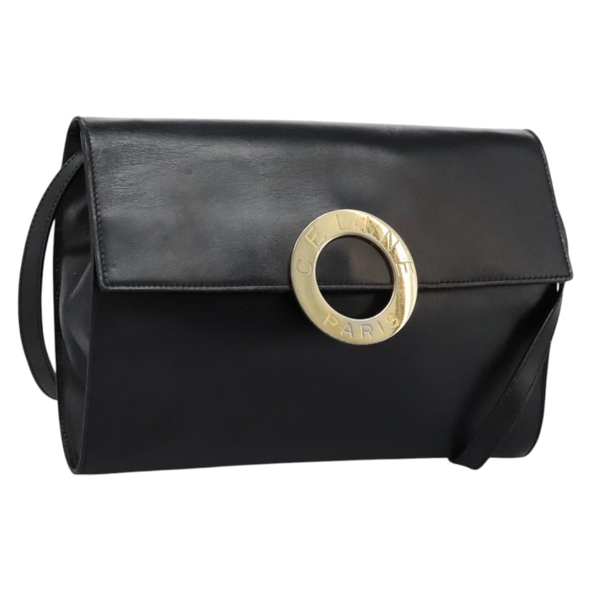 CELINE Circle Shoulder Bag Leather Black Gold Auth BD909