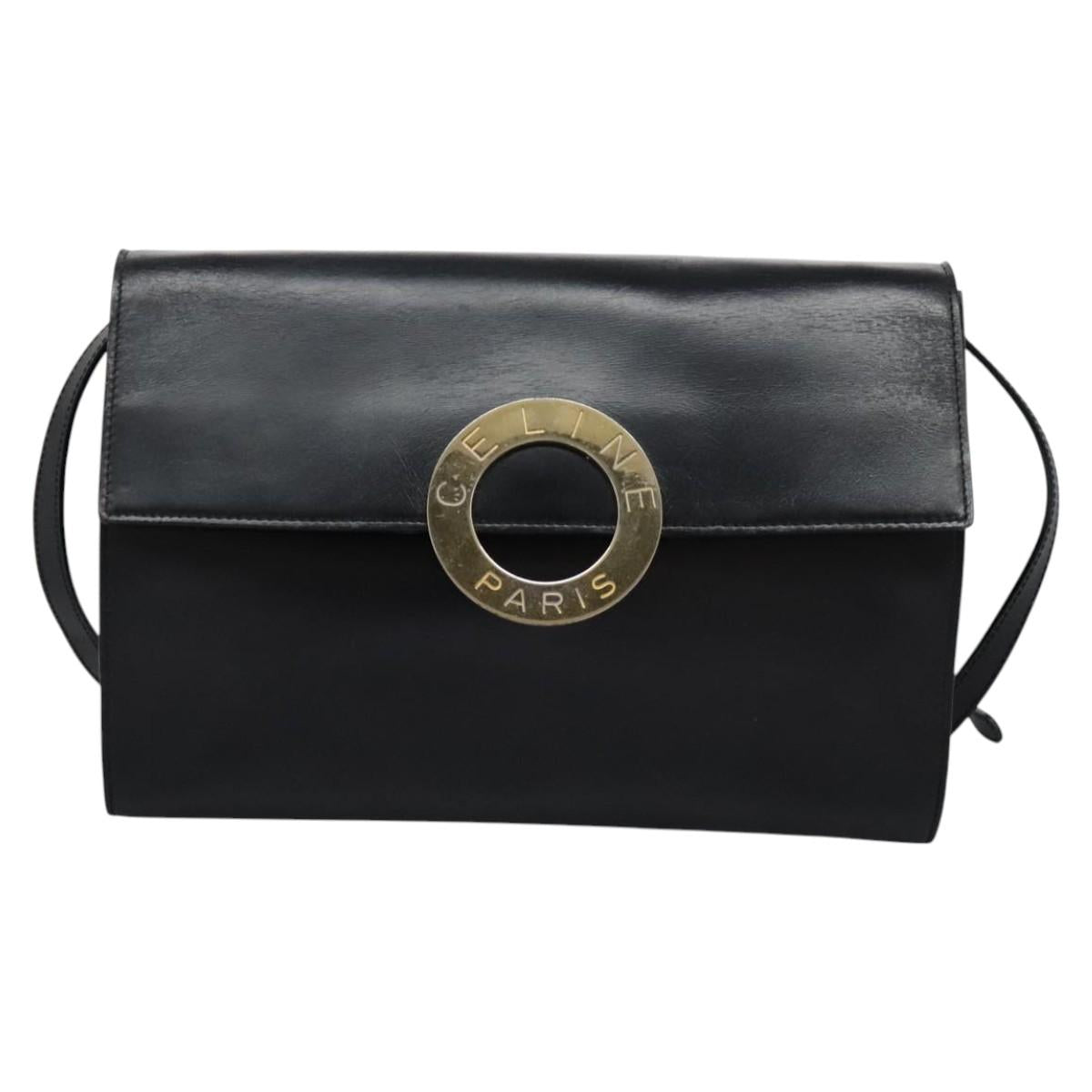 CELINE Circle Shoulder Bag Leather Black Gold Auth BD909