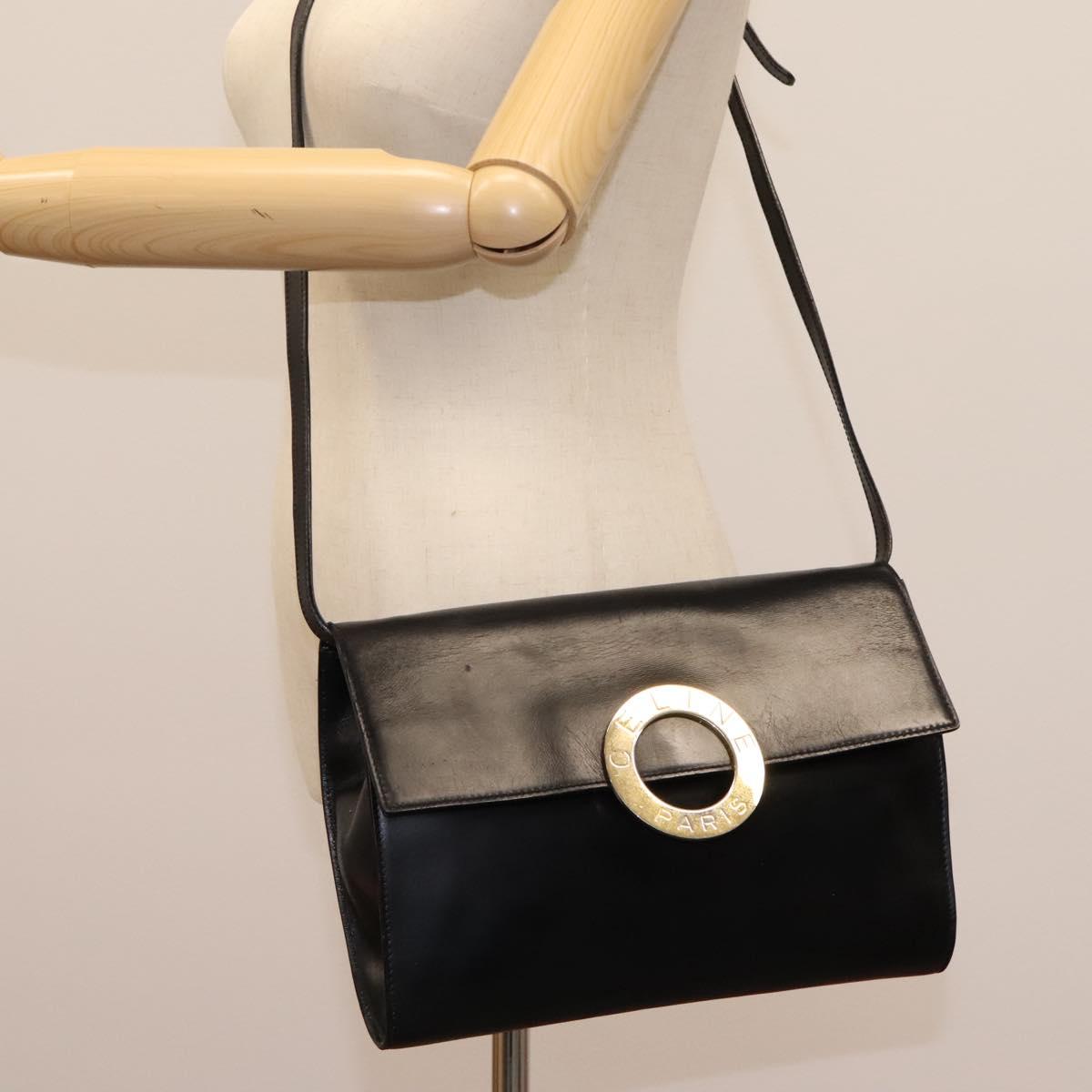 CELINE Circle Shoulder Bag Leather Black Gold Auth BD909