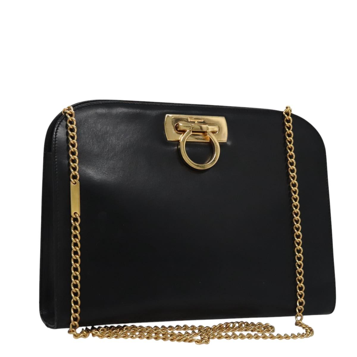 Salvatore Ferragamo Gancini Chain Shoulder Bag Leather Black Gold Auth BD929