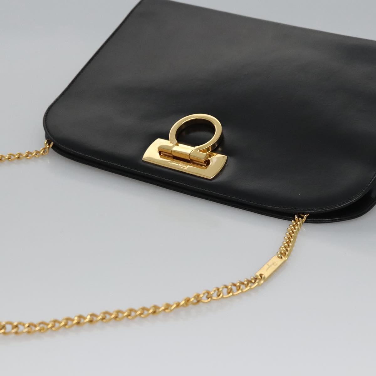 Salvatore Ferragamo Gancini Chain Shoulder Bag Leather Black Gold Auth BD929