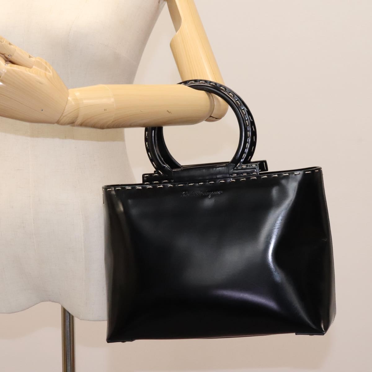Salvatore Ferragamo Gancini Hand Bag Patent leather 2way Black Auth BD930