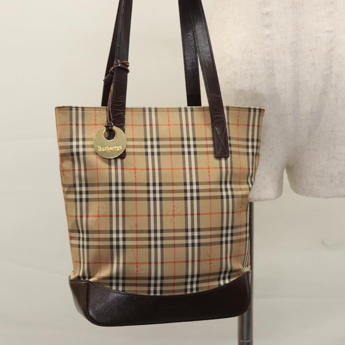 Burberrys Nova Check Tote Bag Canvas Leather Beige Gold Auth BD987