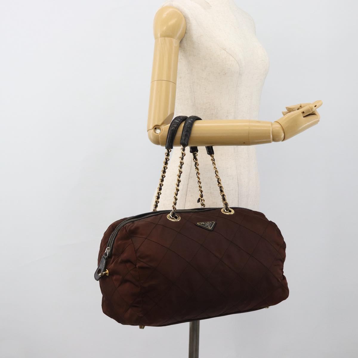 PRADA Chain Boston Bag Nylon Brown Gold Auth bs10311