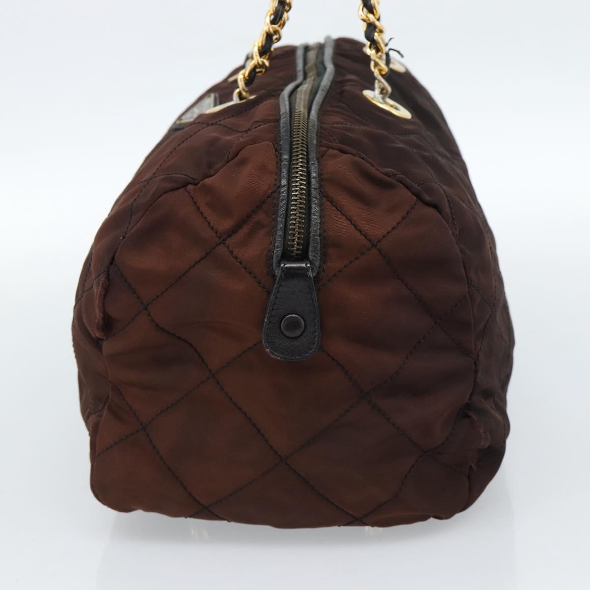 PRADA Chain Boston Bag Nylon Brown Gold Auth bs10311
