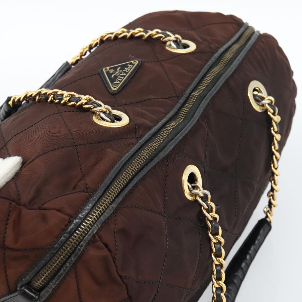 PRADA Chain Boston Bag Nylon Brown Gold Auth bs10311
