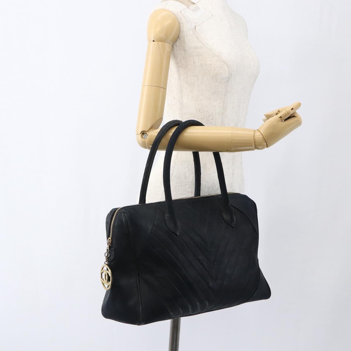 CHANEL Hand Bag Lamb Skin Black Gold CC Auth bs11142
