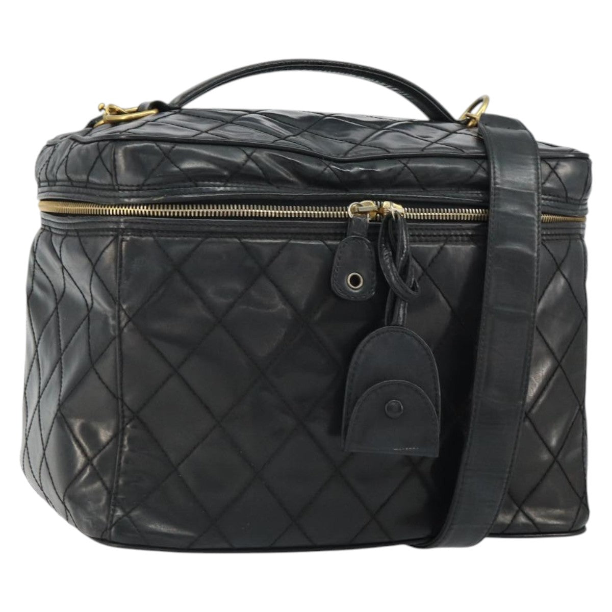 CHANEL Vanity Hand Bag Patent leather 2way Black CC Auth bs11283