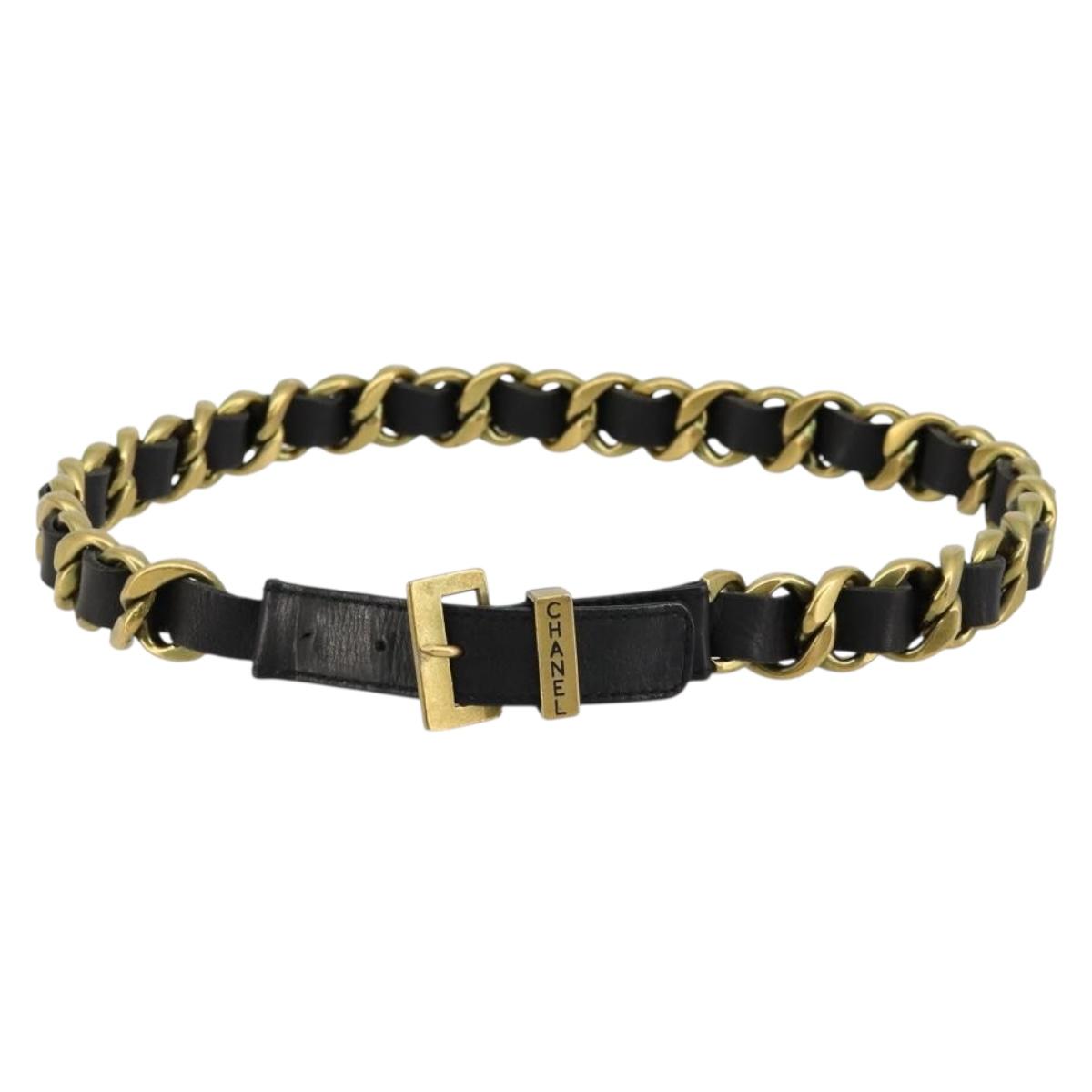 CHANEL Belt Leather 25.6""-27.6"" Gold Tone Black CC Auth bs11333
