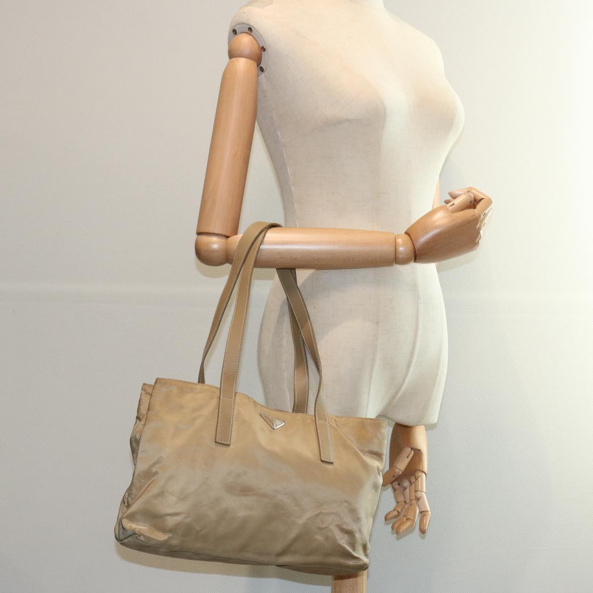 PRADA Tote Bag Nylon Beige Auth bs11689