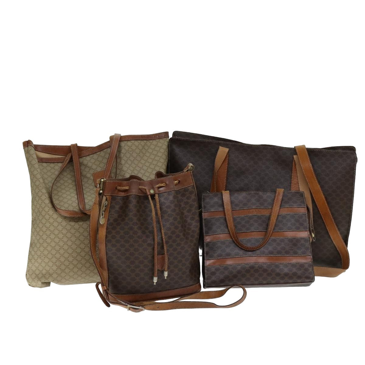CELINE Macadam Canvas Hand Bag PVC Leather 4Set Brown Beige Auth bs14619