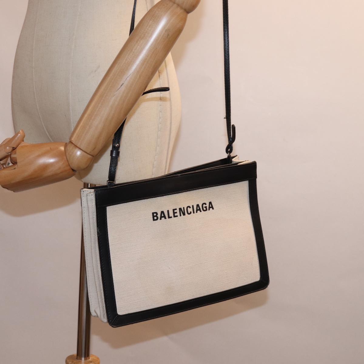 BALENCIAGA Navy Pochette Shoulder Bag Canvas Black White 339937 Auth bs14976