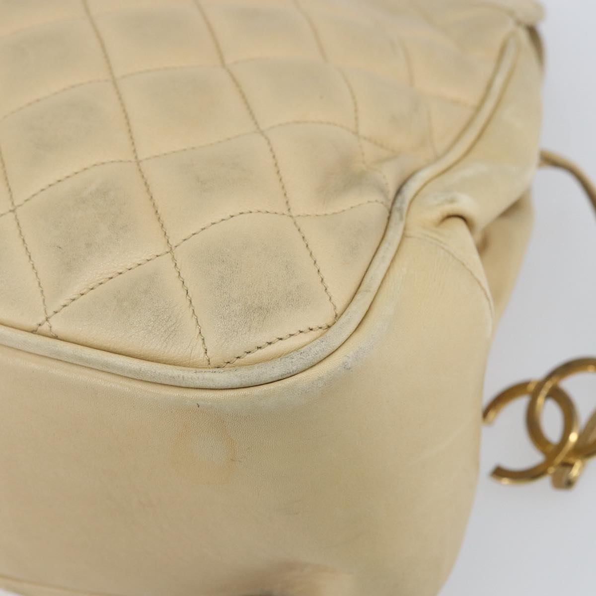 CHANEL Matelasse Chain Shoulder Bag Lamb Skin Beige CC Auth bs15118