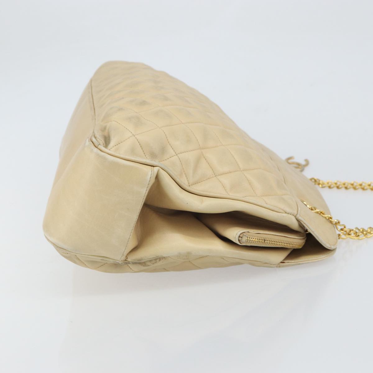 CHANEL Matelasse Chain Shoulder Bag Lamb Skin Beige CC Auth bs15118