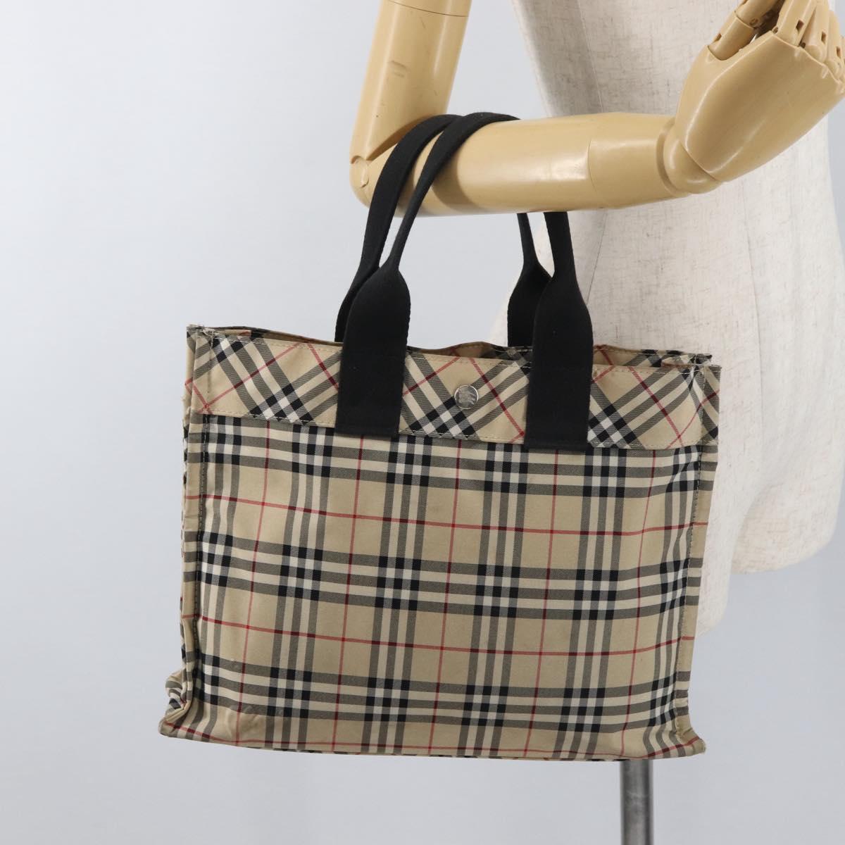 BURBERRY Nova Check Blue Label Hand Bag Nylon Beige Auth bs15174