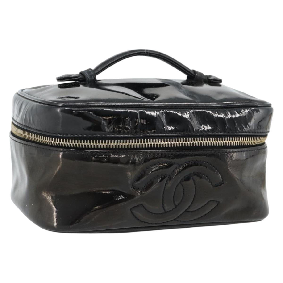 CHANEL Vanity Cosmetic Pouch Patent leather Black CC Auth bs15339