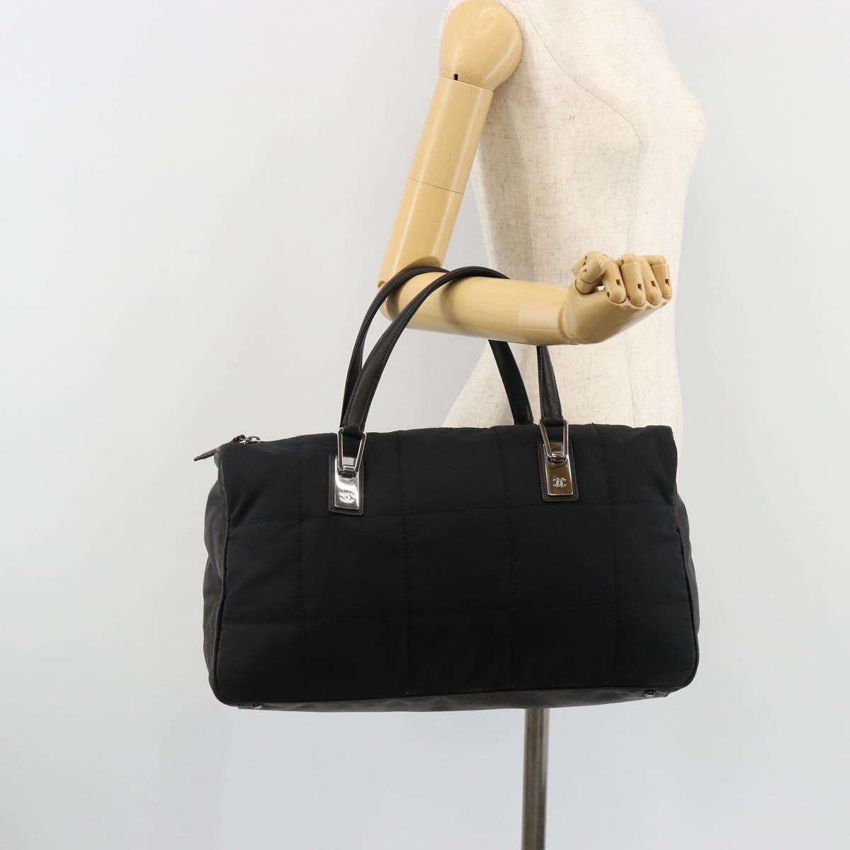 CHANEL Choco Bar Hand Bag Nylon Black Silver CC Auth bs15702