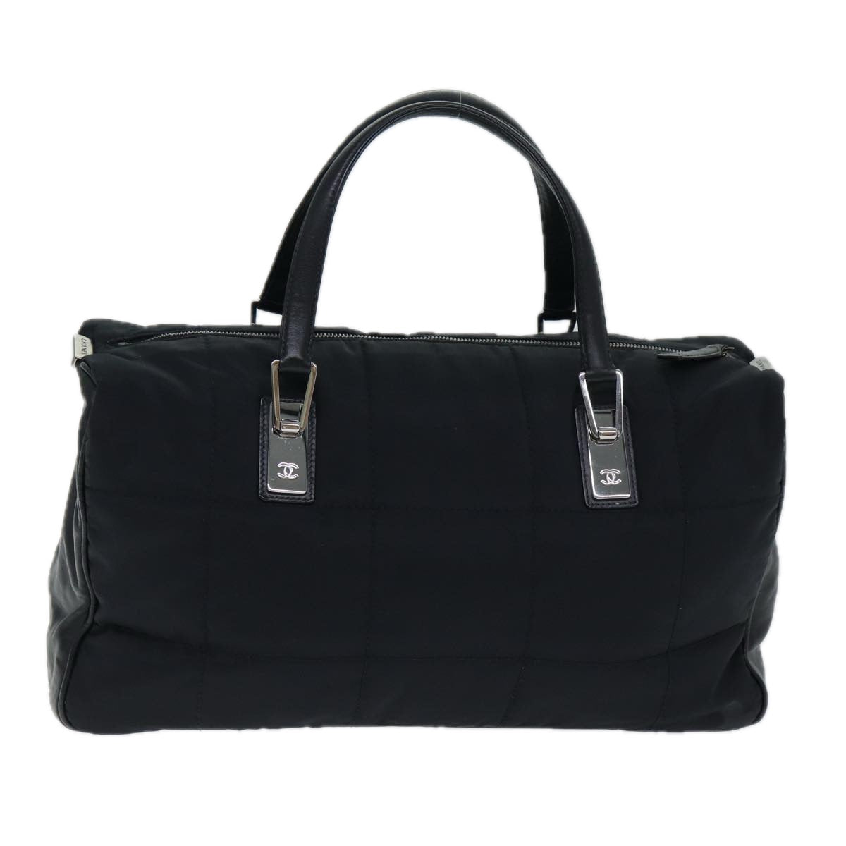 CHANEL Choco Bar Hand Bag Nylon Black Silver CC Auth bs15702