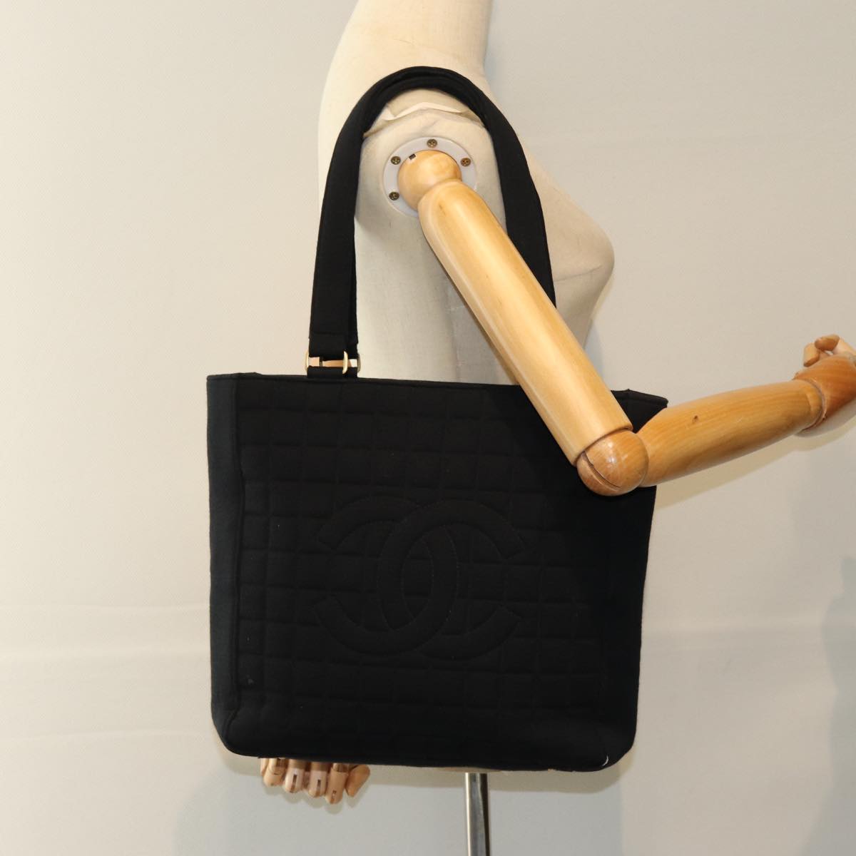 CHANEL Choco Bar Tote Bag Cotton Black CC Auth bs15847