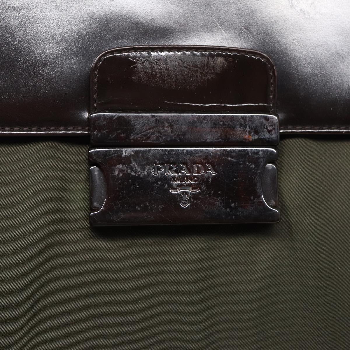 PRADA Business Bag Nylon Khaki Silver Auth bs16524