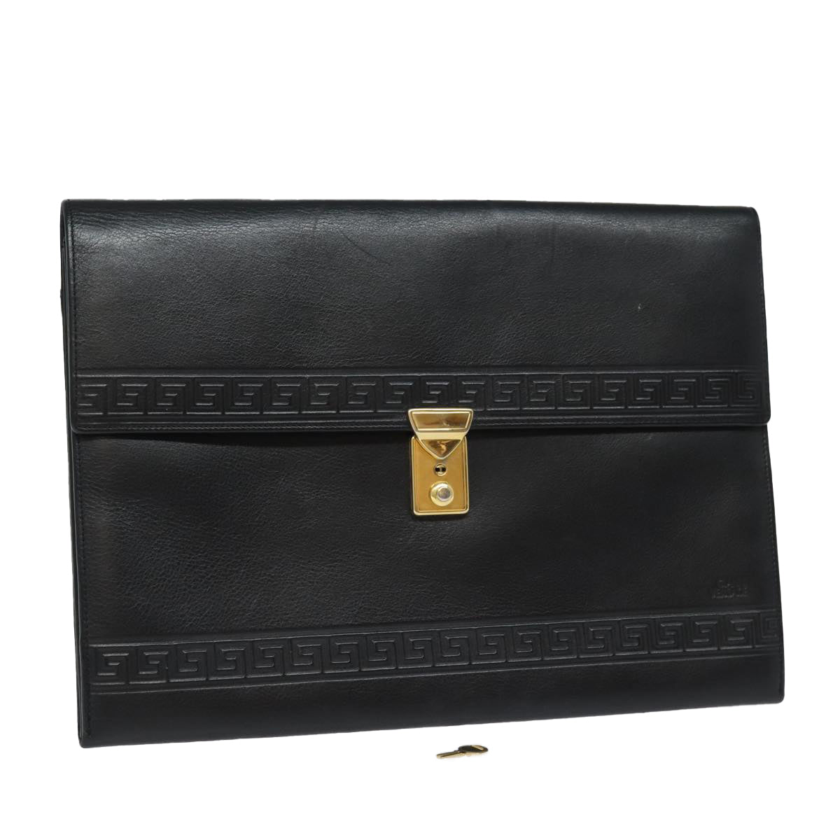 Gianni Versace Document Case Business Bag Leather Black Gold Auth bs16564