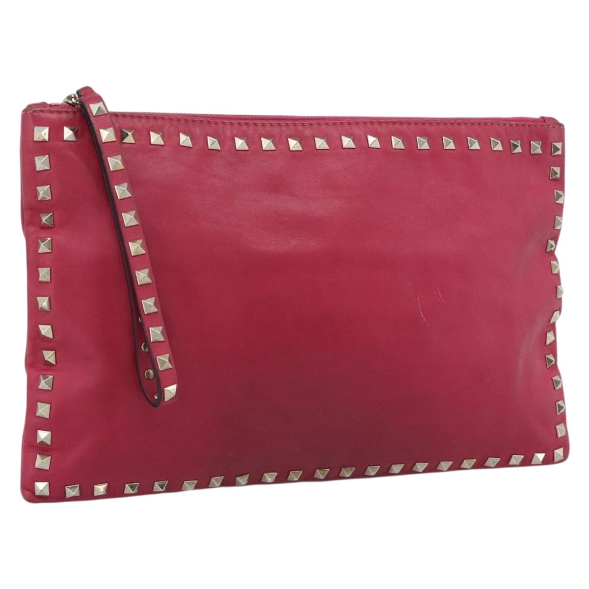 VALENTINO Studs Clutch Bag Leather Pink Gold Auth bs16650