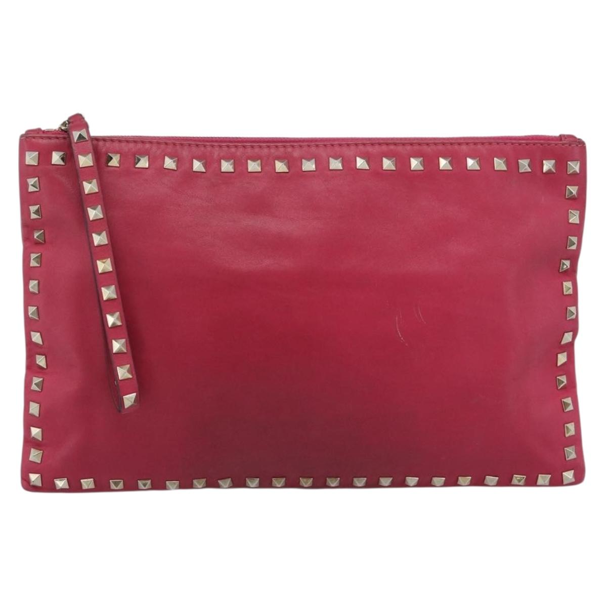 VALENTINO Studs Clutch Bag Leather Pink Gold Auth bs16650