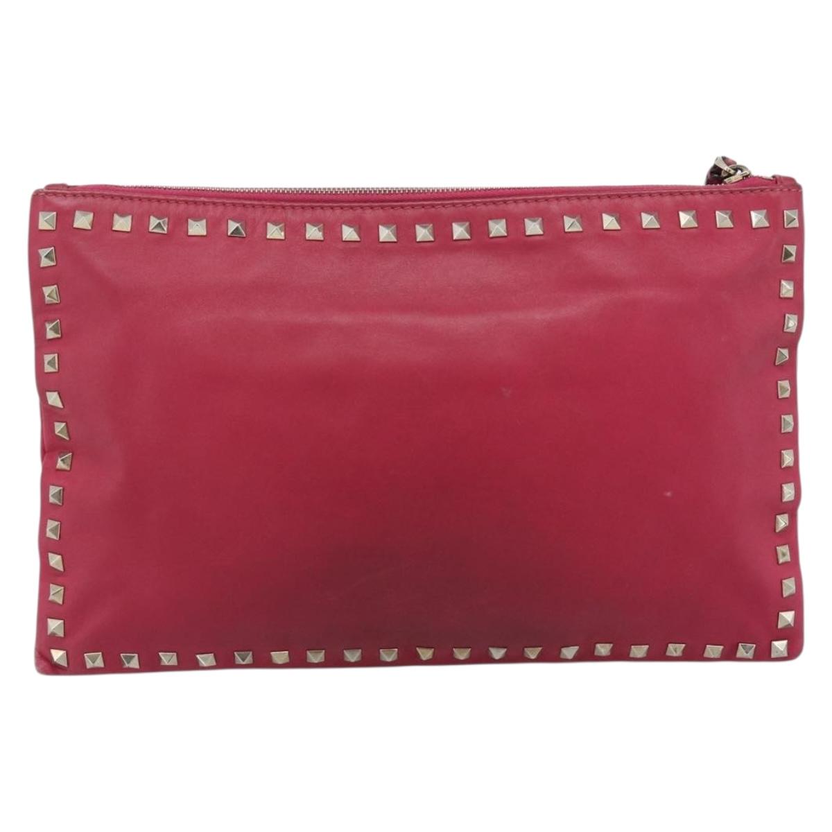 VALENTINO Studs Clutch Bag Leather Pink Gold Auth bs16650