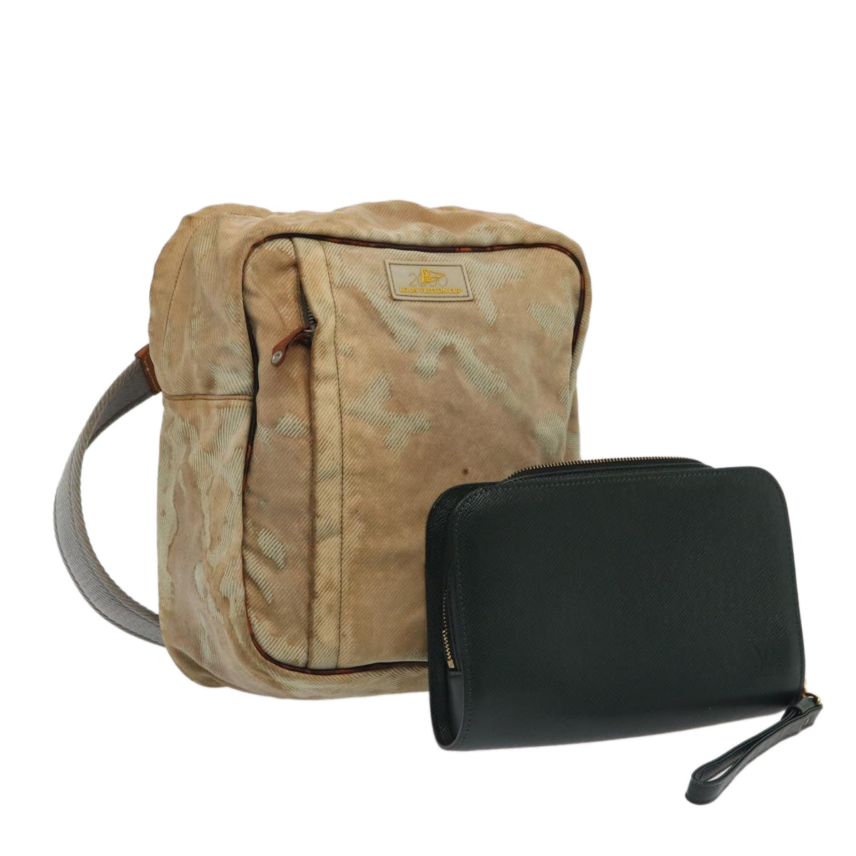 LOUIS VUITTON Taiga LV Cup Clutch Shoulder Bag 2Set Grizzly Gray LV Auth bs16969