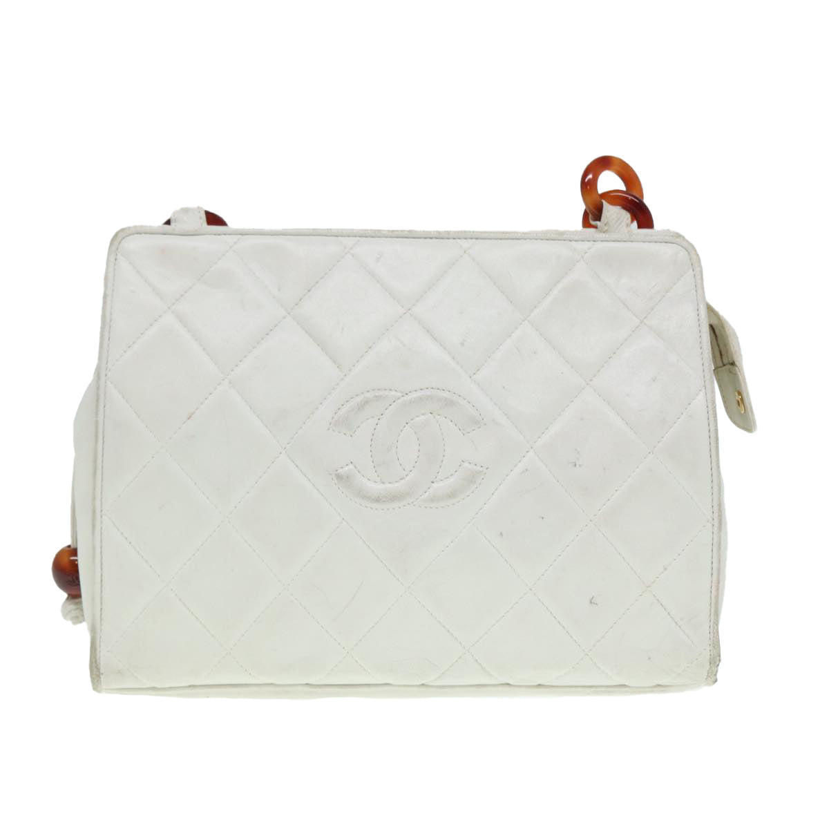 CHANEL Matelasse Shoulder Bag Lamb Skin White Gold CC Auth bs17156