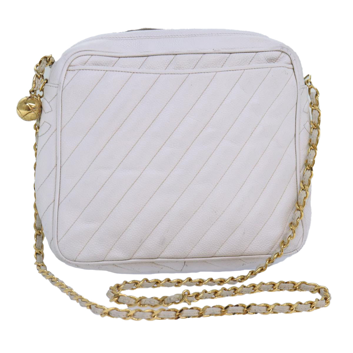 CHANEL Mademoiselle Chain Shoulder Bag Calf Skin White Gold Silver CC Auth bs17332