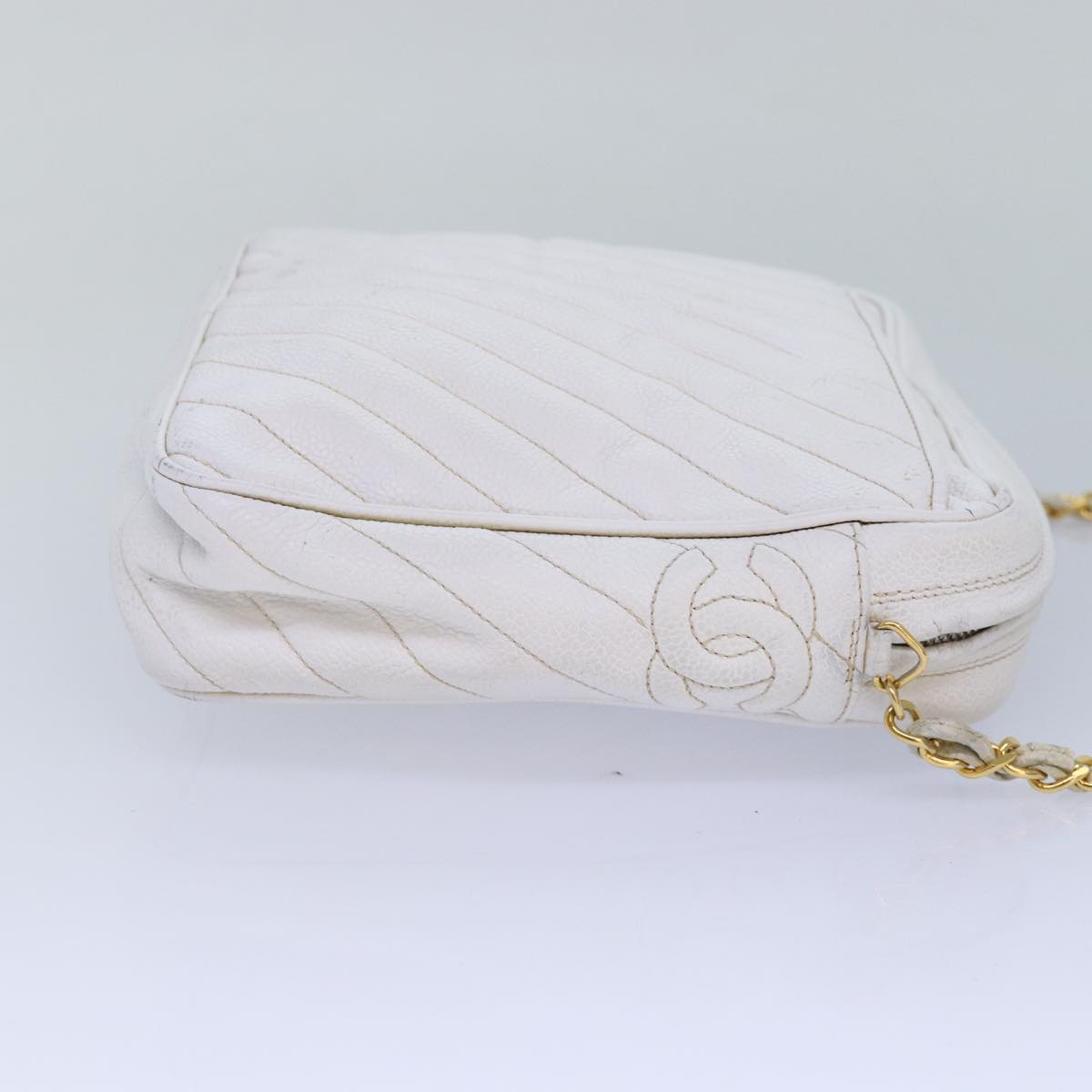 CHANEL Mademoiselle Chain Shoulder Bag Calf Skin White Gold Silver CC Auth bs17332