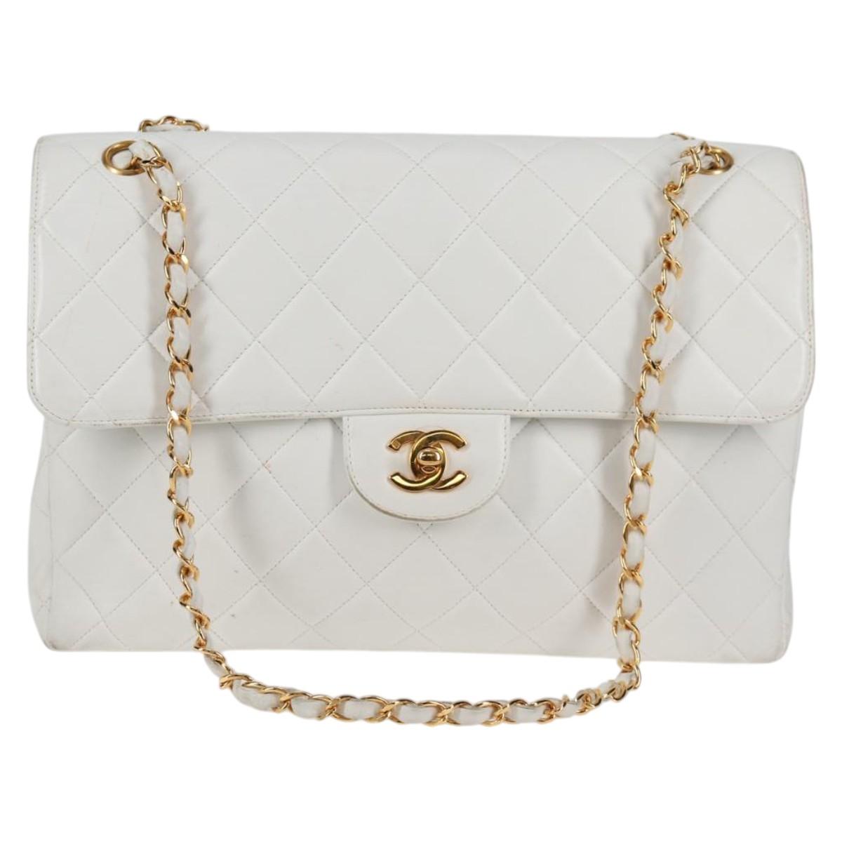 CHANEL Matelasse Double Face Chain Bag Lamb Skin White Gold CC Auth bs17533A