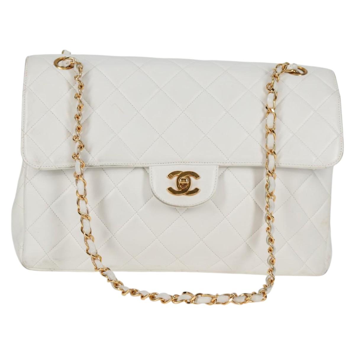 CHANEL Matelasse Double Face Chain Bag Lamb Skin White Gold CC Auth bs17533A