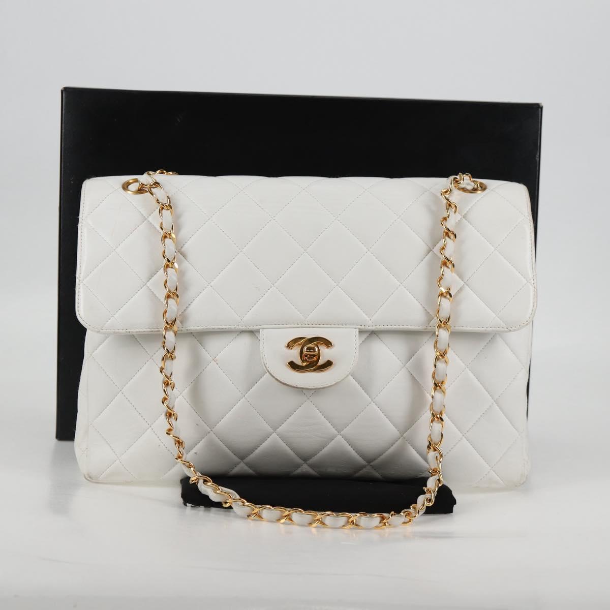 CHANEL Matelasse Double Face Chain Bag Lamb Skin White Gold CC Auth bs17533A
