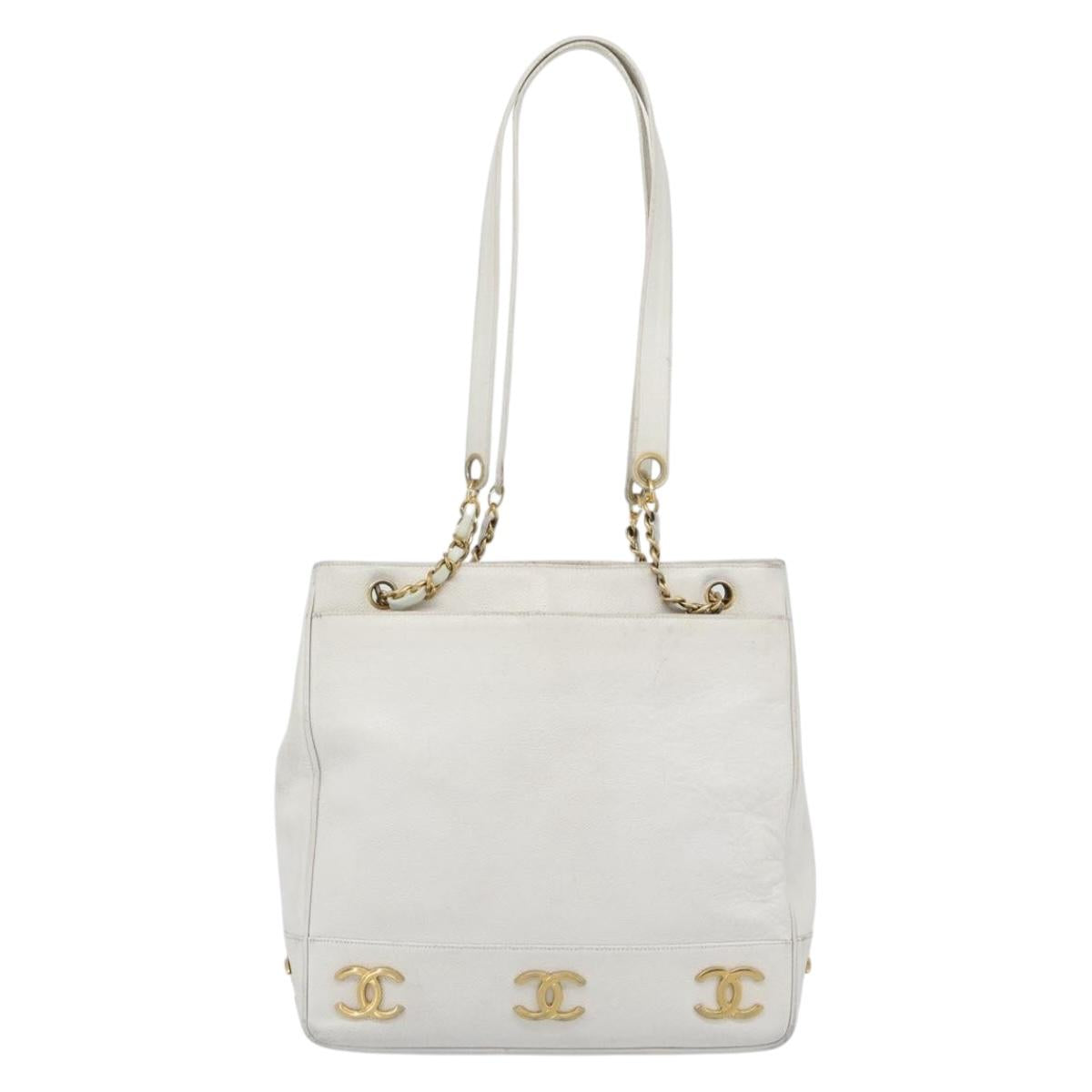 CHANEL Chain Shoulder Bag Calf Skin White Gold CC Auth bs17674