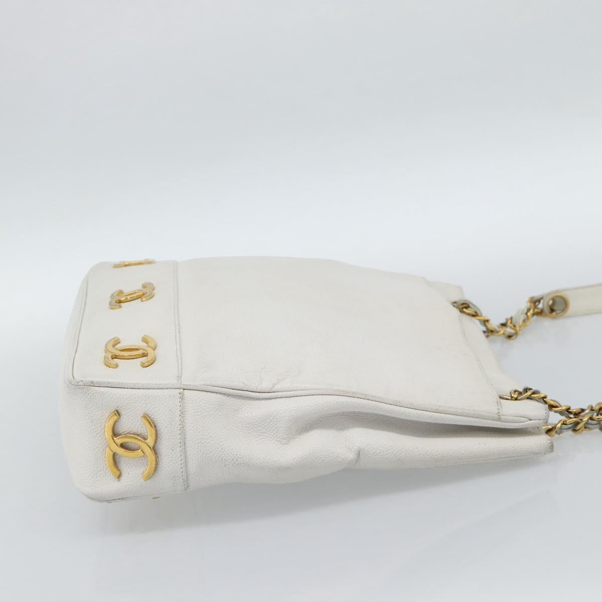 CHANEL Chain Shoulder Bag Calf Skin White Gold CC Auth bs17674